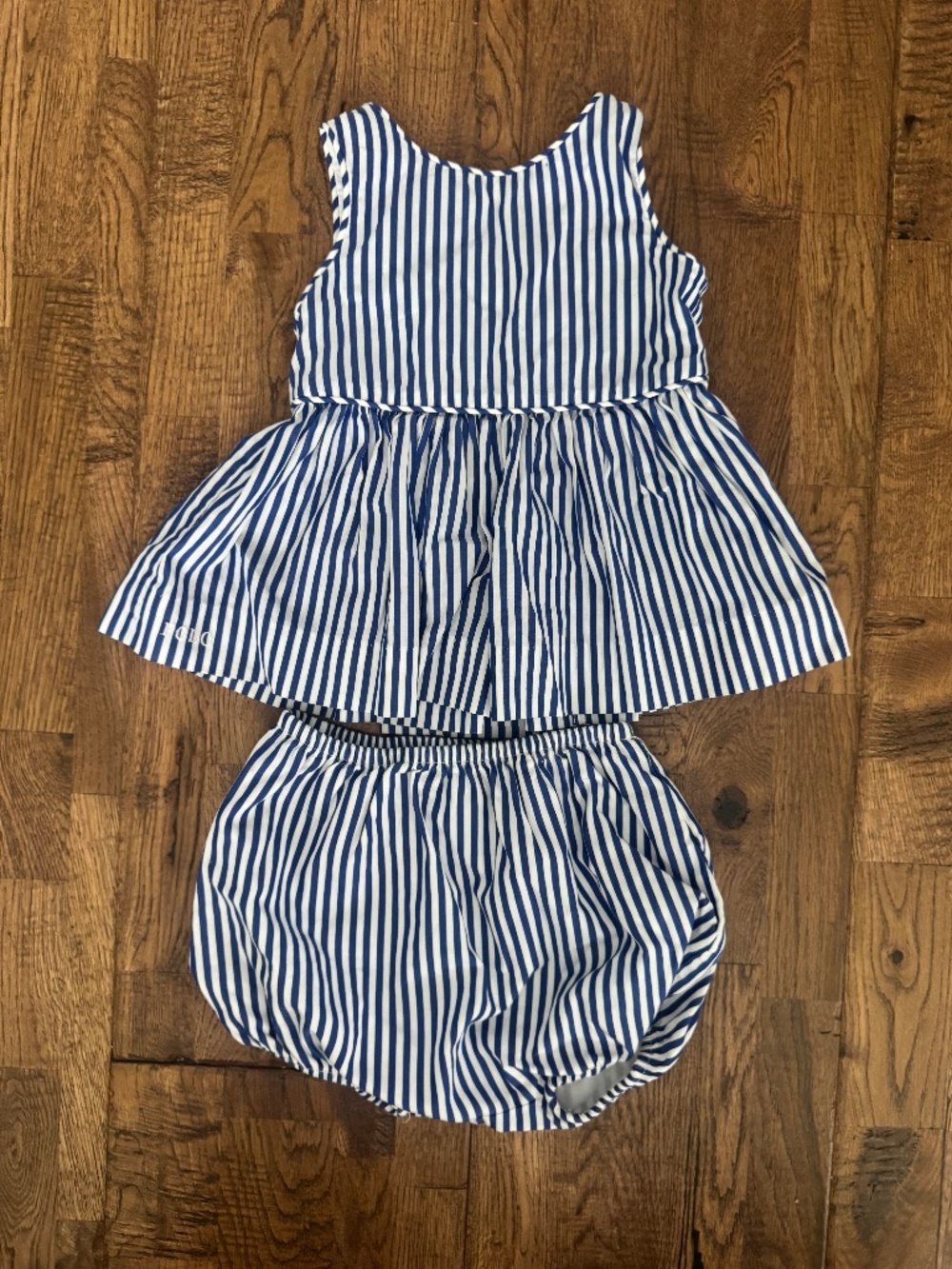 Ralph Lauren Polo Blue Striped 2 Piece Dress Pinafore Bloomer Size 9 Months A